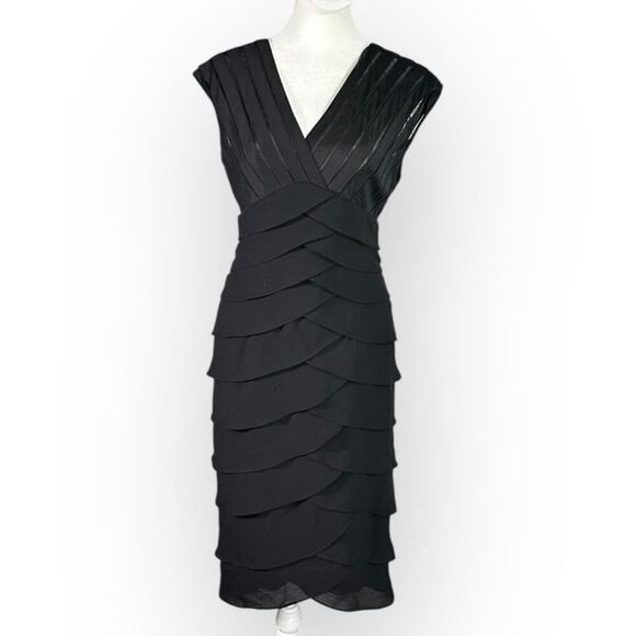 Adrianna Papell Cocktail Dress Women's 4 Black Tiered V-Neck Cap Sleeve - Picture 2 of 8